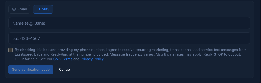 ReadyRing in-app SMS opt-in form showing the phone number field, unchecked consent checkbox, full disclosure text, and SMS Terms and Privacy Policy links